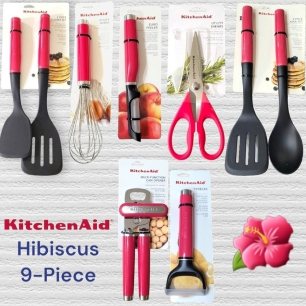KitchenAid Hibiscus 9-Piece Utensils Set Dark Pink Kitchen Tools Bundle